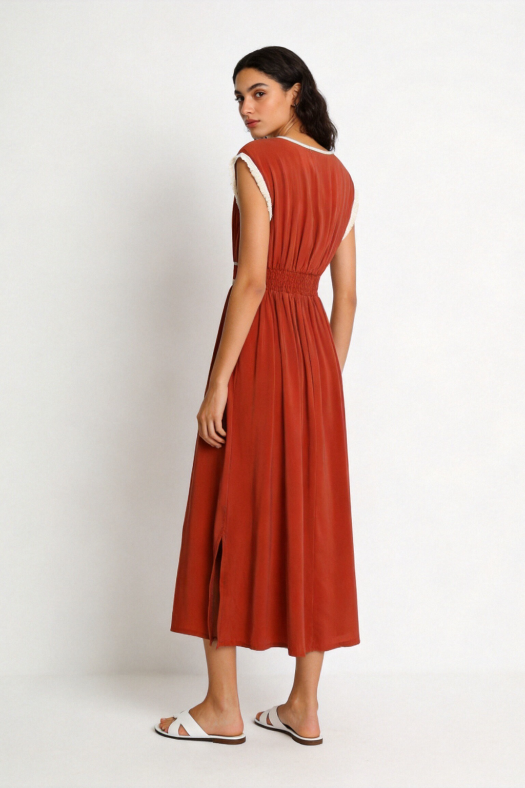 Vestido Midi Mujer Viscosa Fluido Escote Pico Cintura Elástica | Armonias Teen