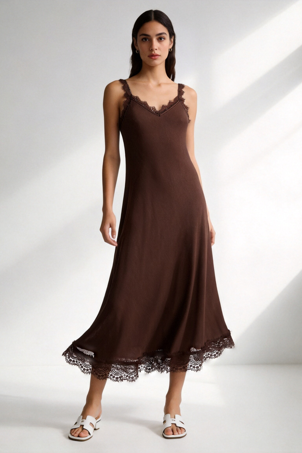 Vestido Largo Mujer Encaje Viscosa Escote Pico con Tirantes | Armonias