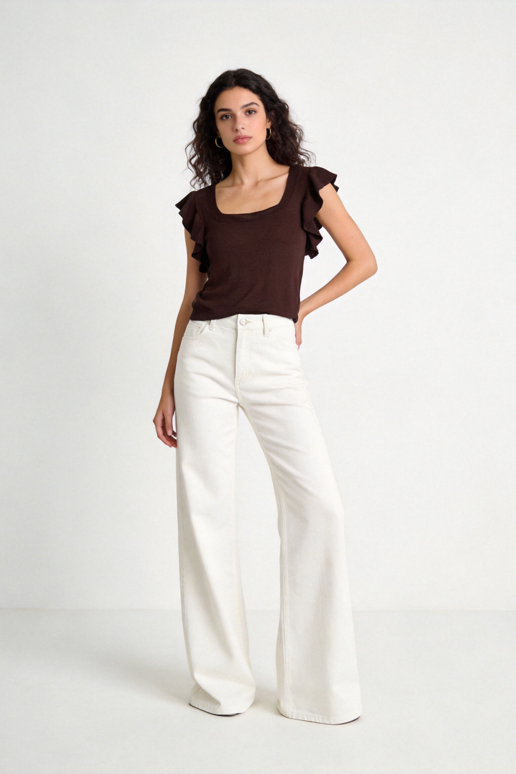 Blusa Mujer Viscosa Punto Elástico Escote Recto Manga con Volantes | Armonias