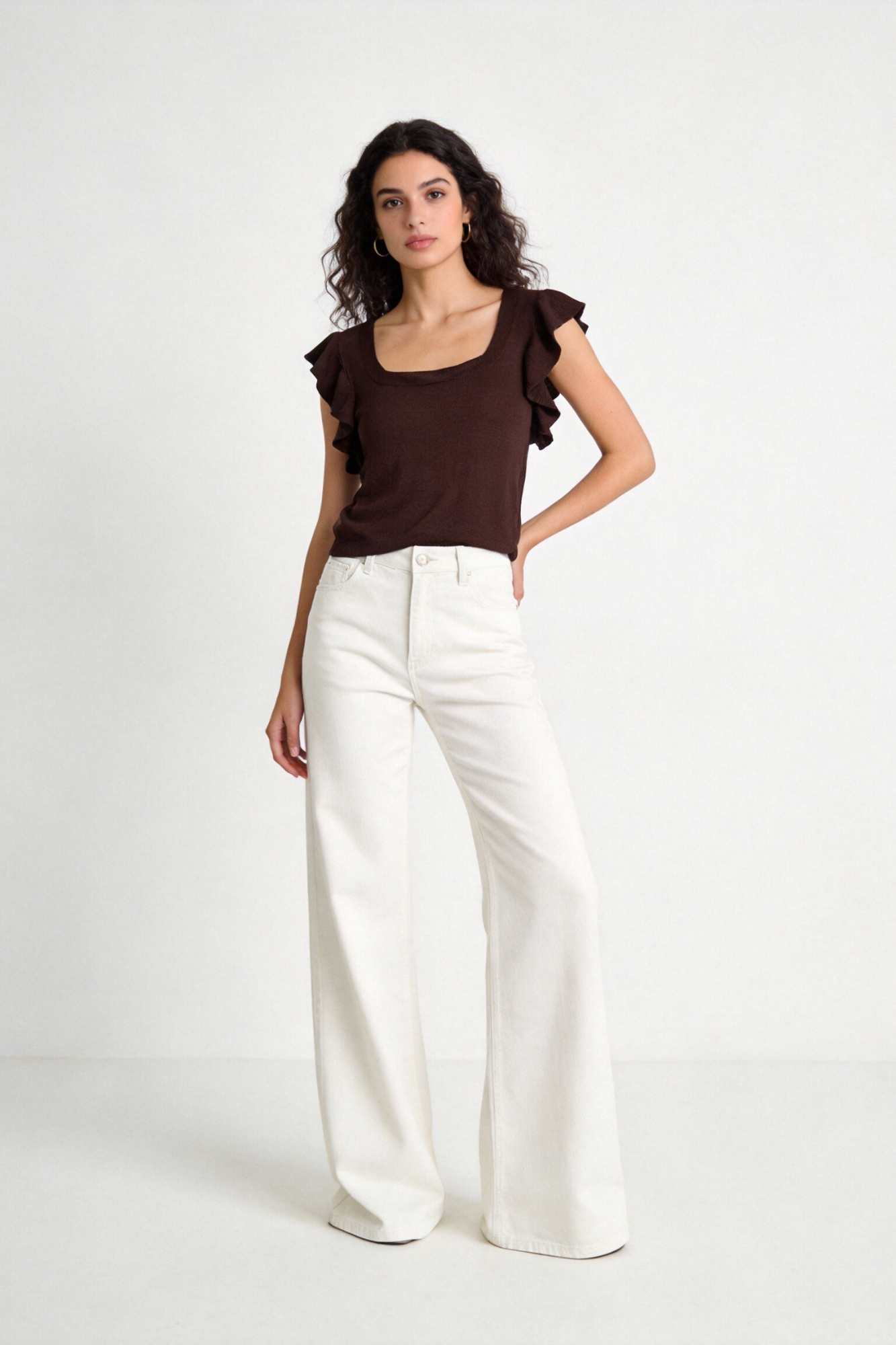 Blusa Mujer Viscosa Punto Elástico Escote Recto Manga con Volantes | Armonias