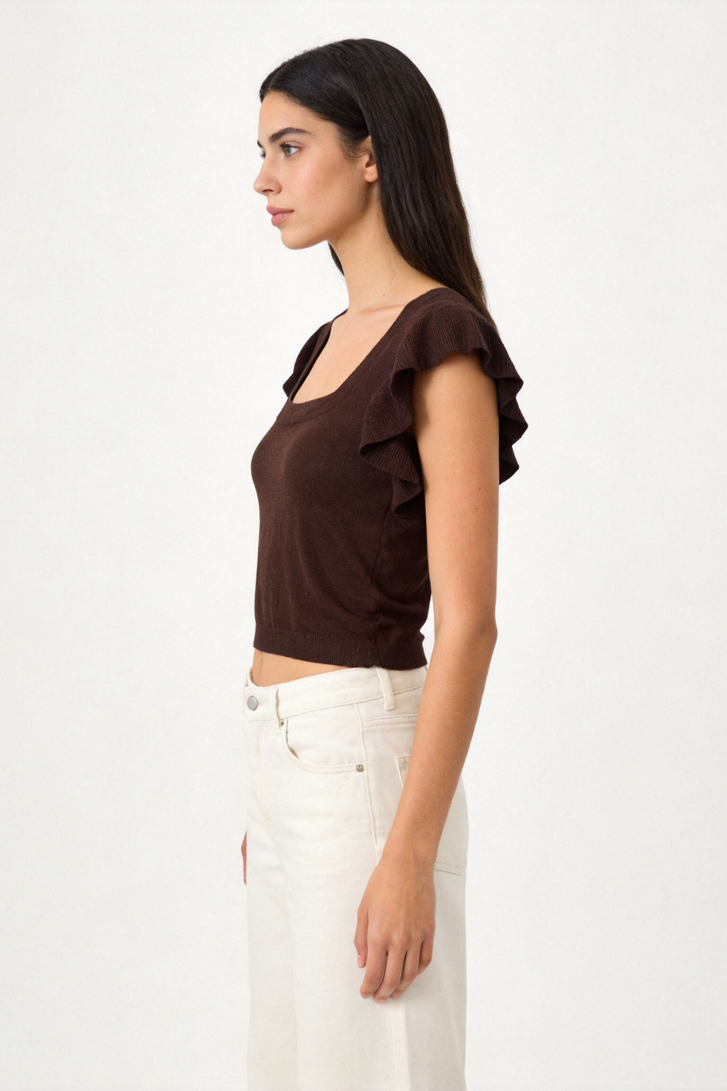 Blusa Mujer Viscosa Punto Elástico Escote Recto Manga con Volantes | Armonias