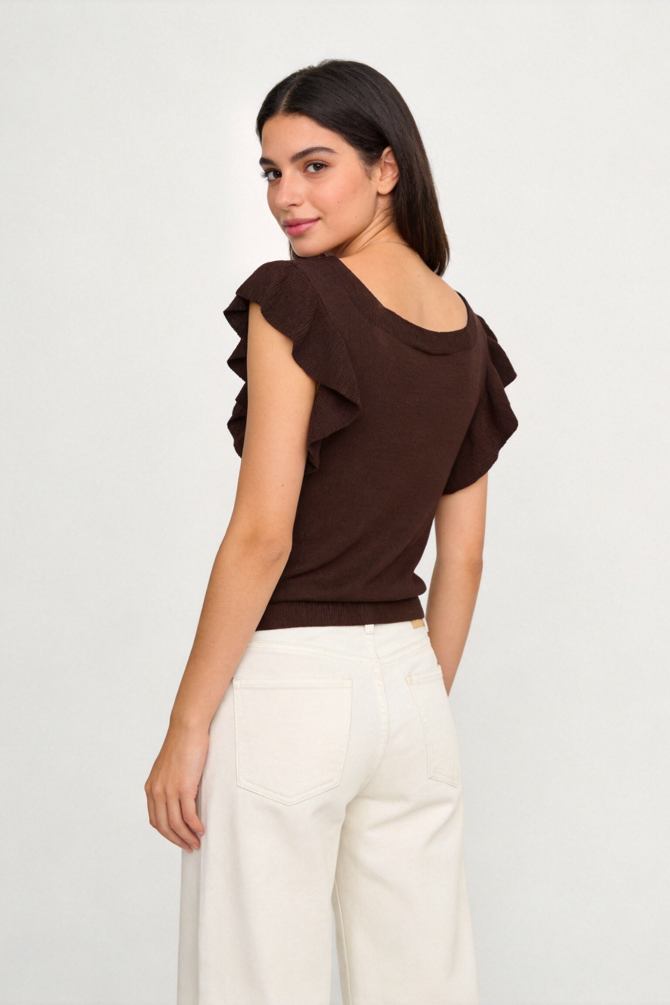 Blusa Mujer Viscosa Punto Elástico Escote Recto Manga con Volantes | Armonias