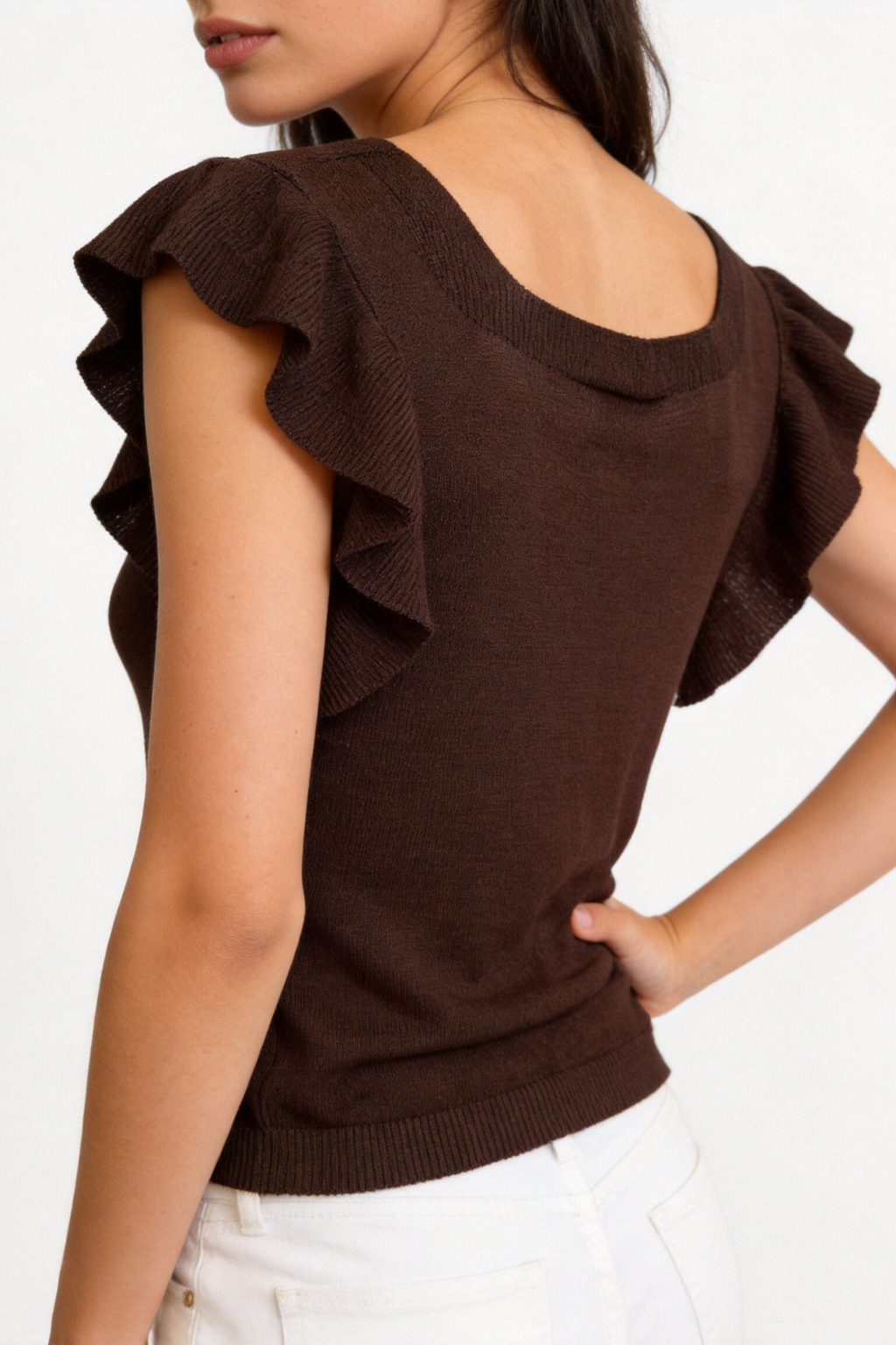 Blusa Mujer Viscosa Punto Elástico Escote Recto Manga con Volantes | Armonias