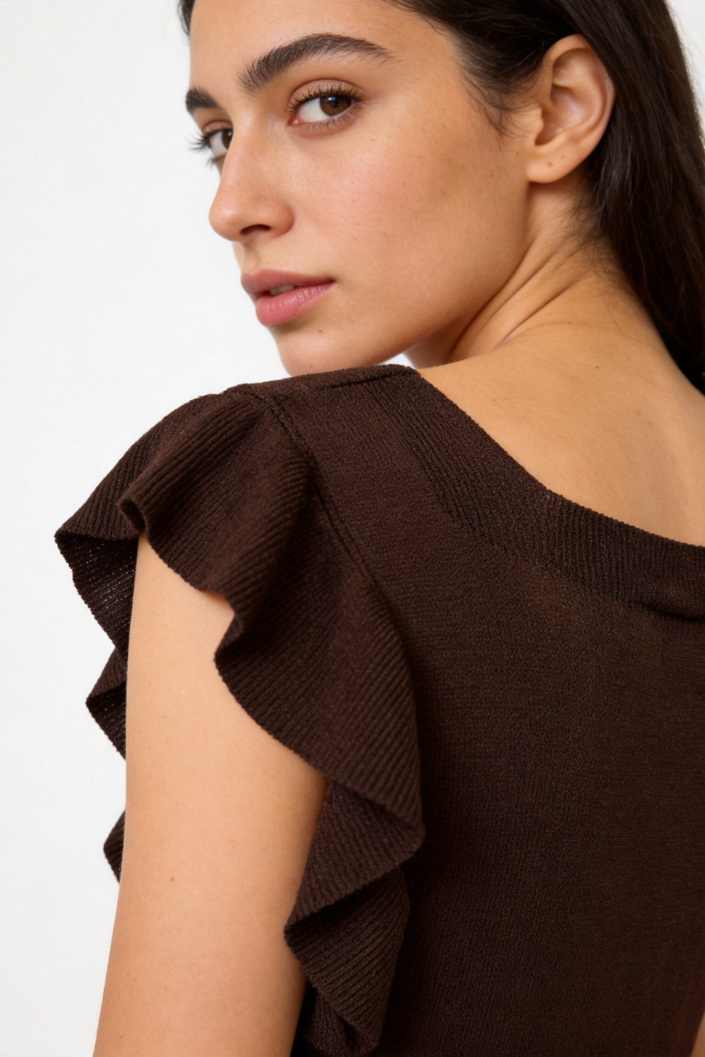 Blusa Mujer Viscosa Punto Elástico Escote Recto Manga con Volantes | Armonias