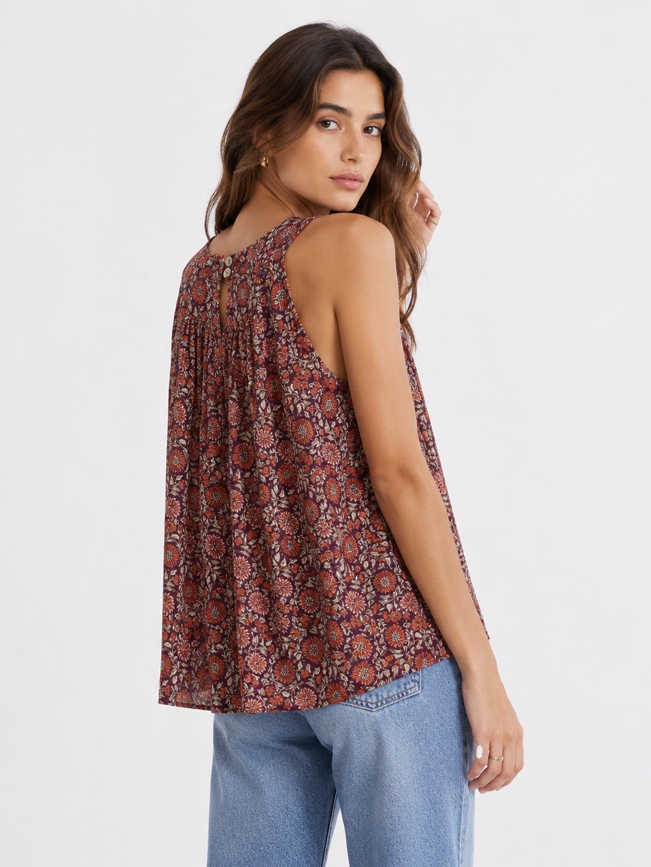 Top Corto Mujer Viscosa Cuello Halter con Botones Estampado | Armonias Teen