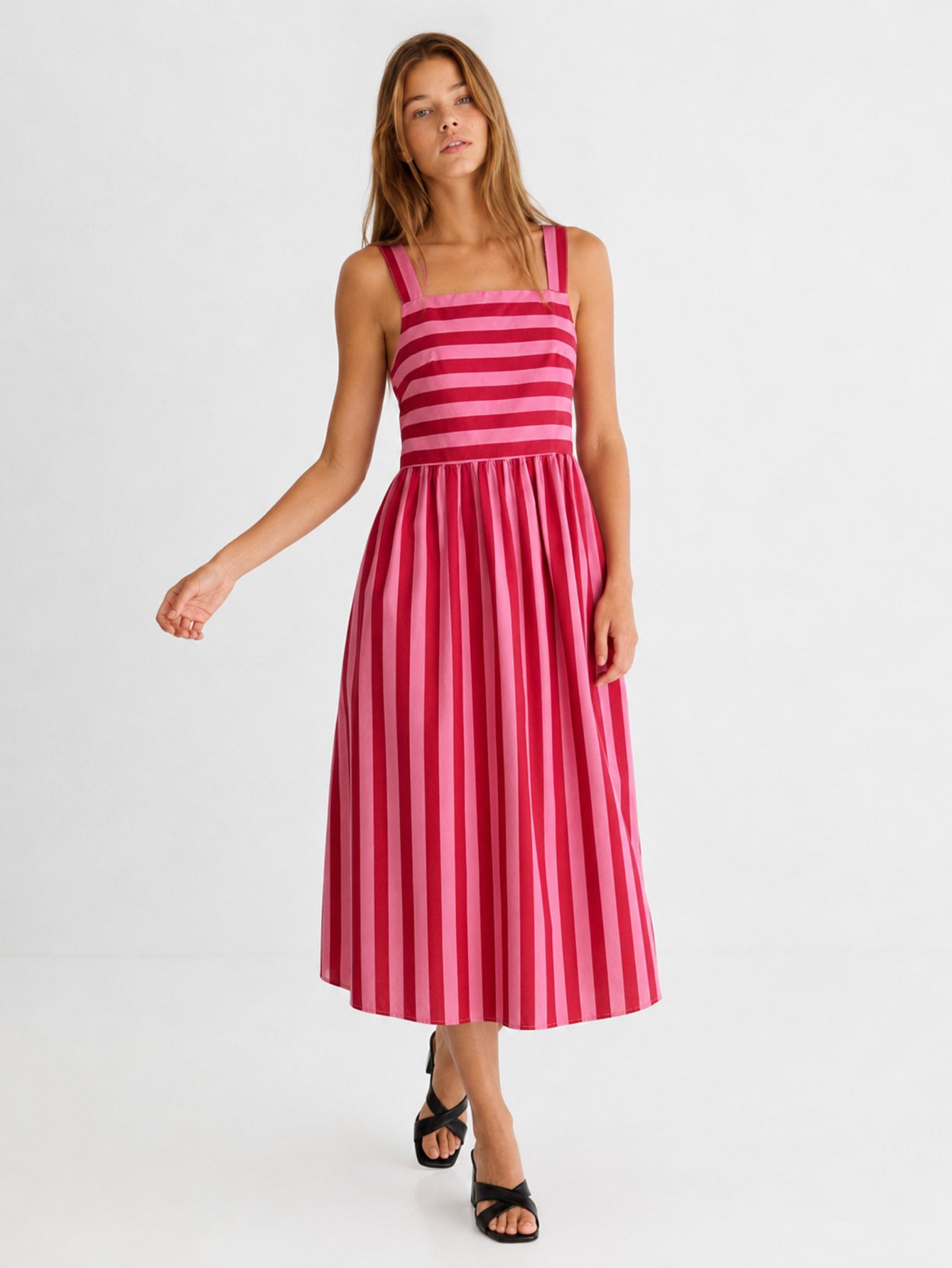 Vestido Midi Mujer Algodón 100% Tirantes Anchos Escote Recto Estampado Rayas | Armonias Teen