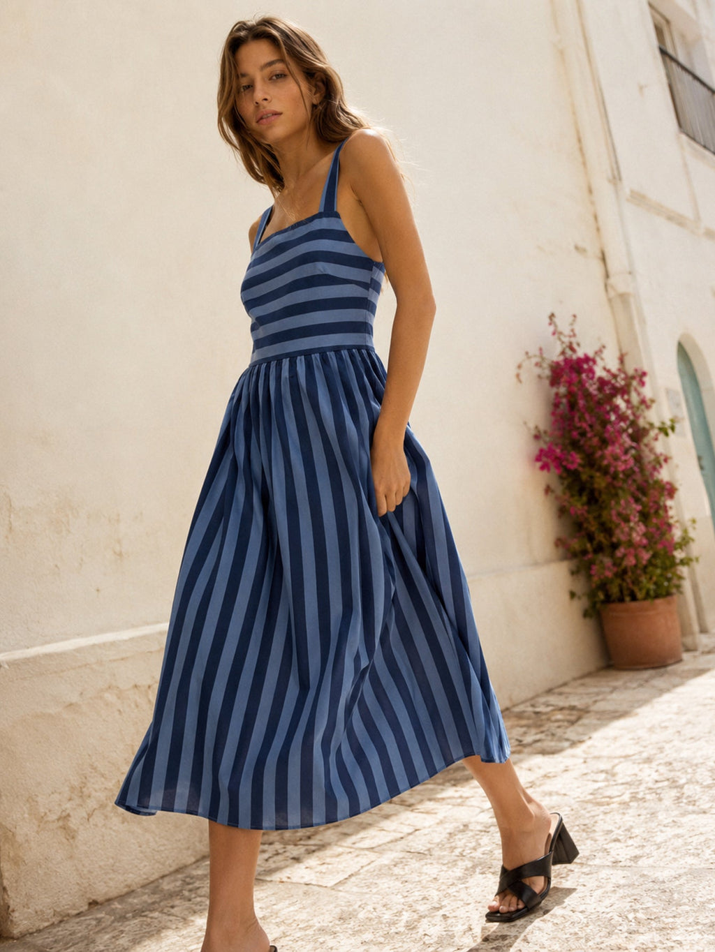 Vestido Midi Mujer Algodón 100% Tirantes Anchos Escote Recto Estampado Rayas | Armonias Teen