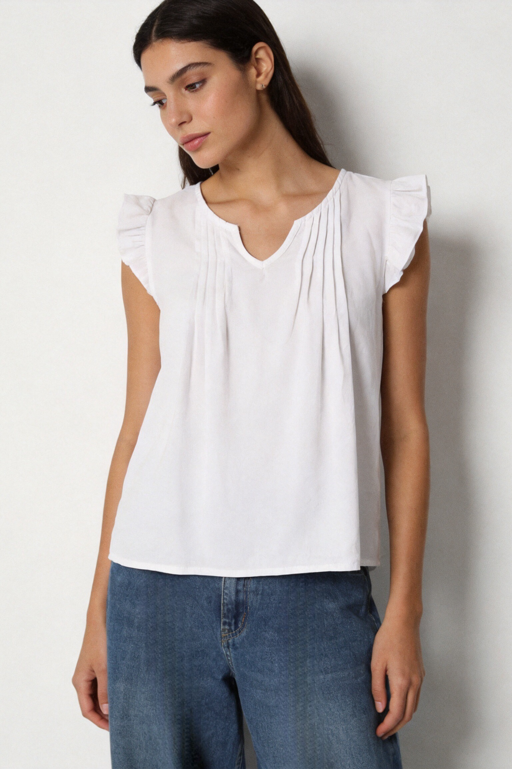 Blusa Mujer Viscosa Fluida Escote Pico con Volantes | Armonias