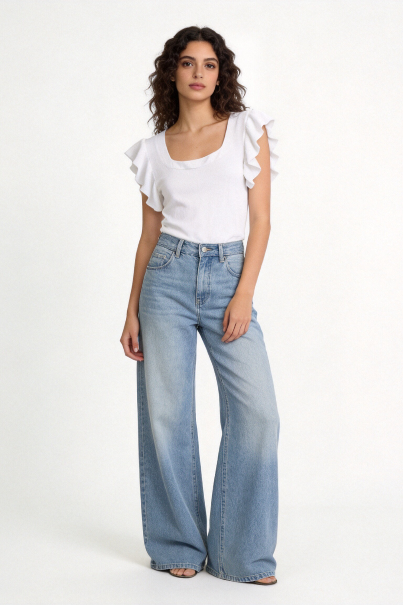 Blusa Mujer Viscosa Punto Elástico Escote Recto Manga con Volantes | Armonias