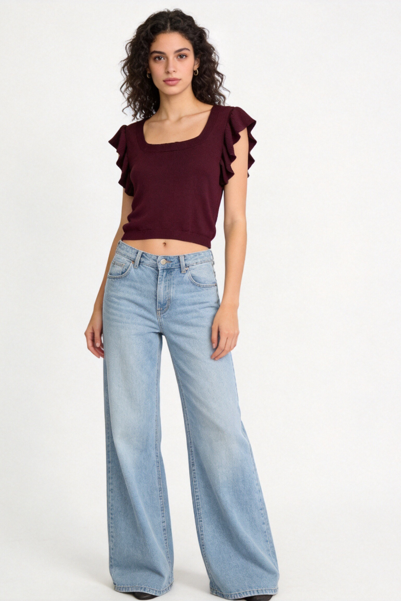 Blusa Mujer Viscosa Punto Elástico Escote Recto Manga con Volantes | Armonias