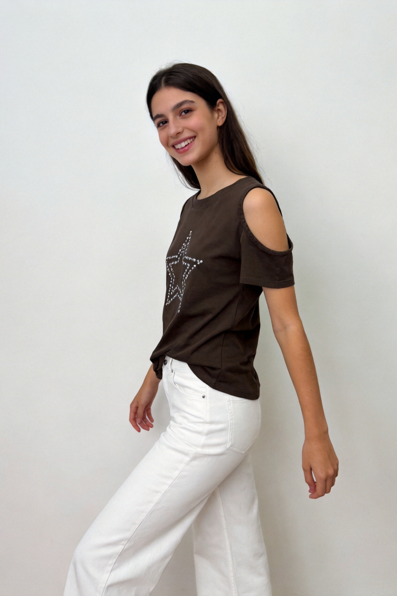 Camiseta Mujer Algodón Manga Corta Hombros Descubiertos con Estrella | Armonias Teen