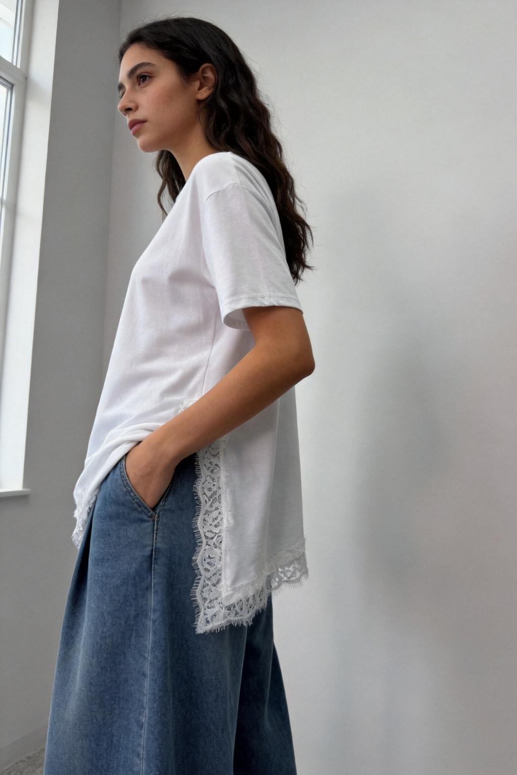 Camiseta Mujer Algodón Manga Corta Bajo Encaje Asimétrico con Apertura Lateral | Armonias