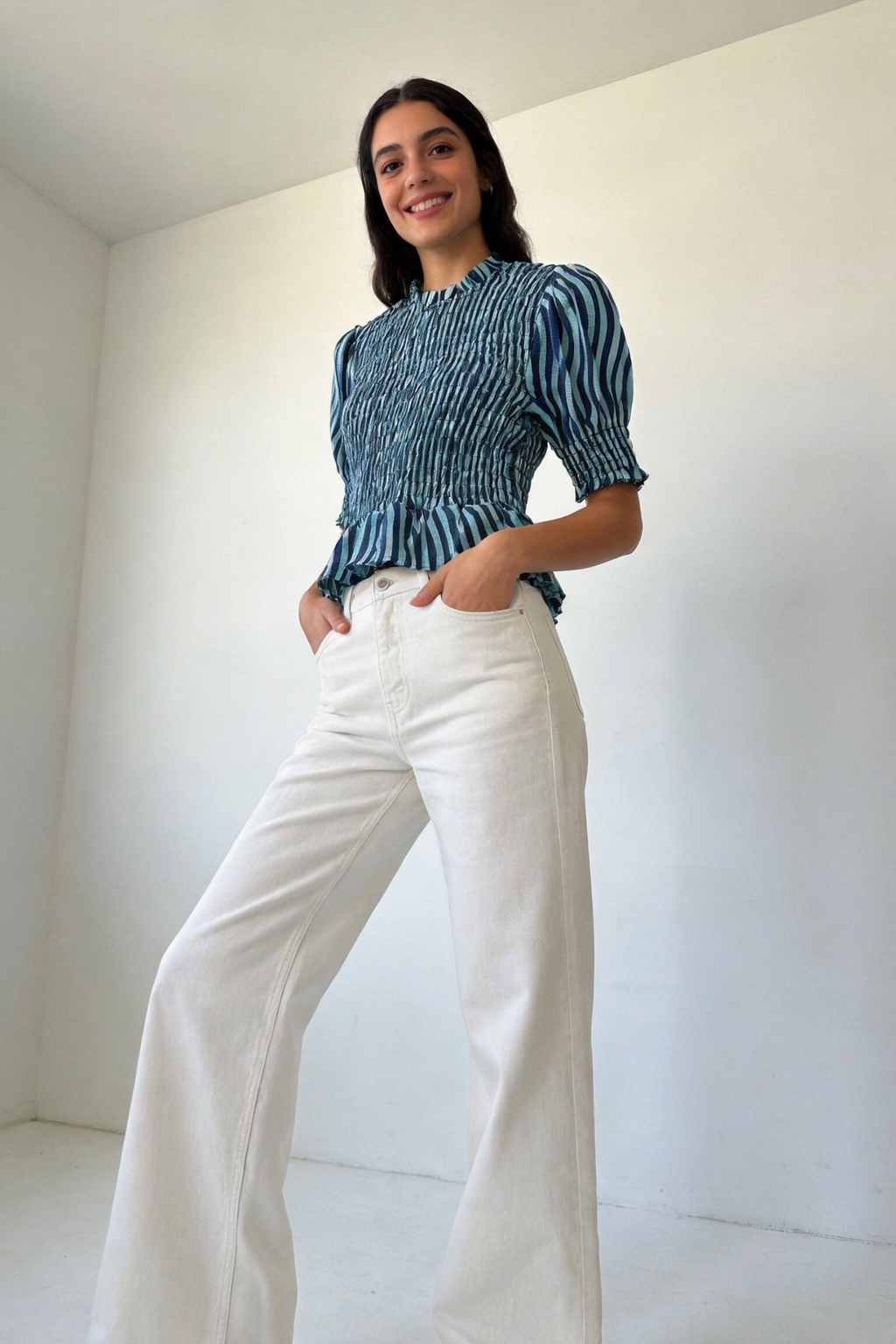 Blusa Mujer Viscosa Manga Abullonada Nido de Abeja con Botón | Armonias Teen