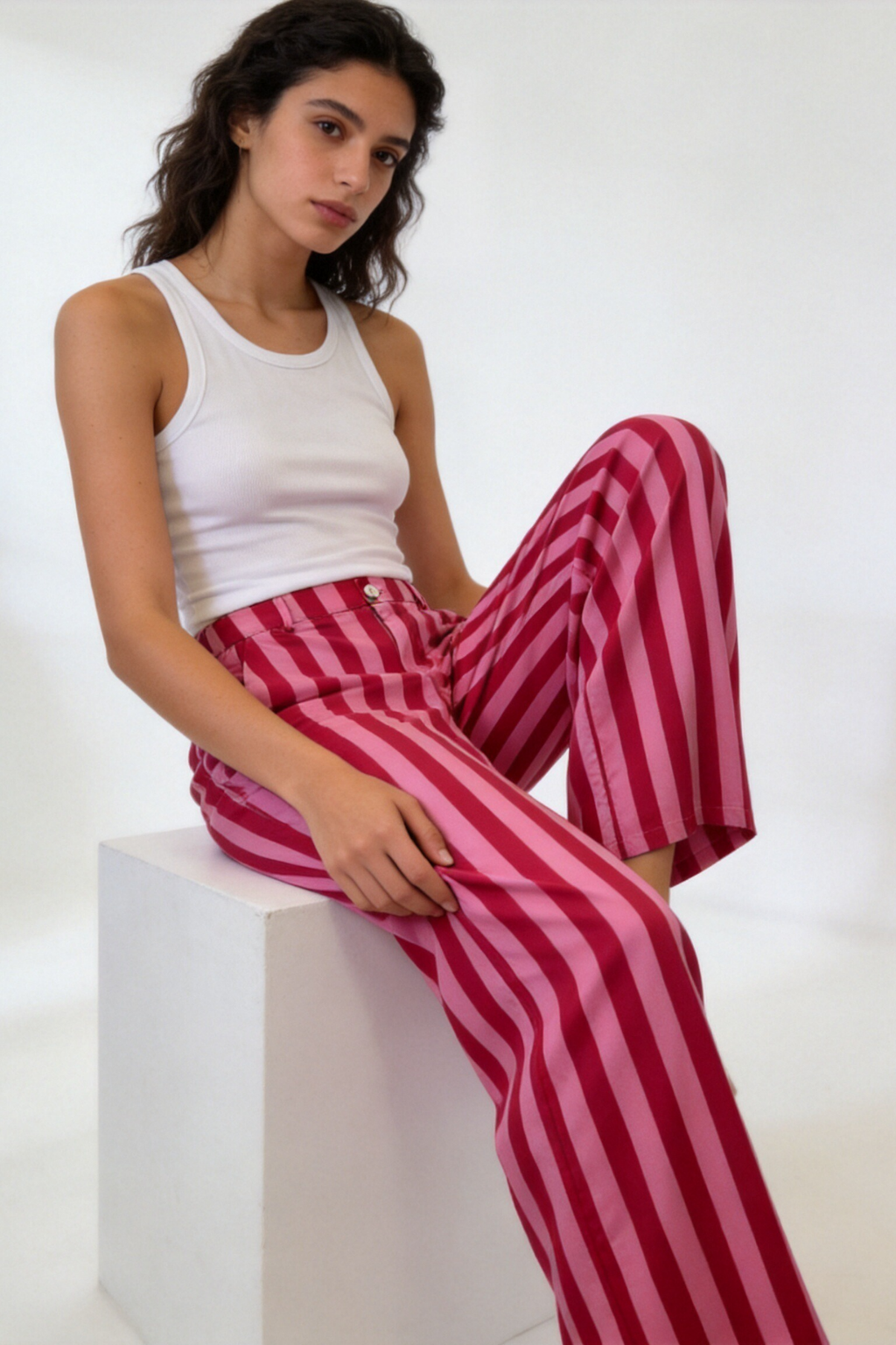 Pantalón Mujer Algodón Recto Tiro Medio Estampado Rayas con Cremallera | Armonias Teen