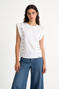 Camiseta Mujer Algodón Sin Mangas Cuello Redondo con Tachuelas Frontales | Armonias Teen