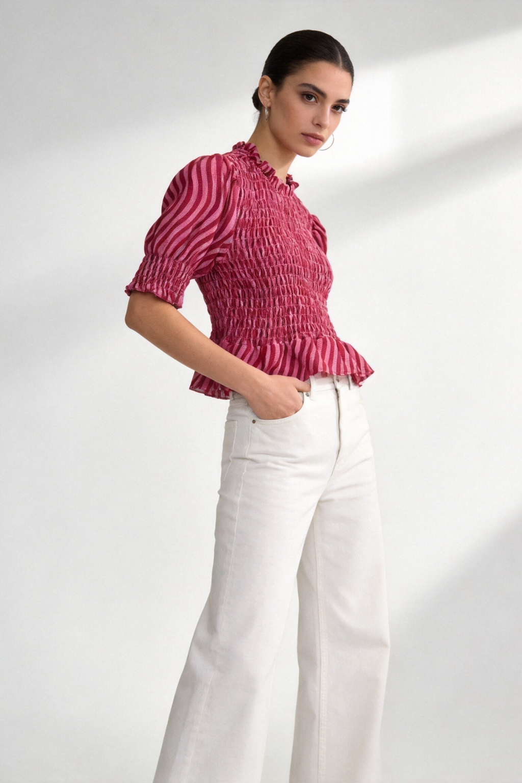 Blusa Mujer Viscosa Manga Abullonada Nido de Abeja con Botón | Armonias Teen