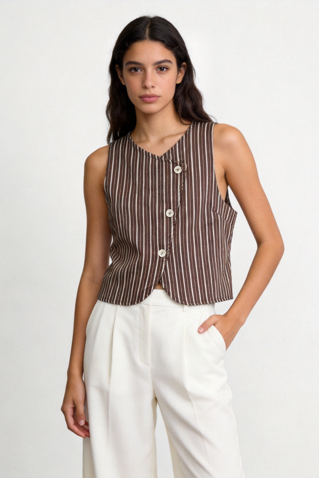 Chaleco Mujer Algodón Estampado Rayas Sin Mangas Cuello Redondo con Botones | Armonias Teen