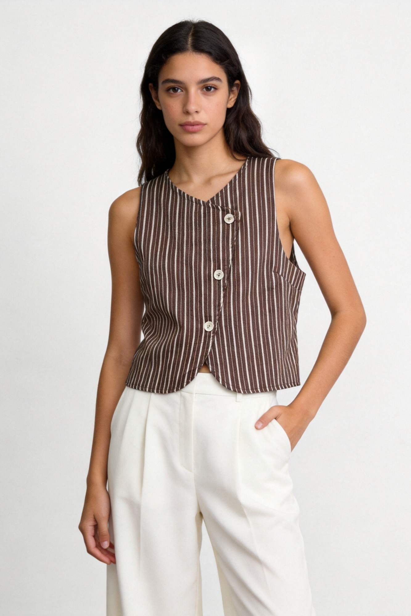 Chaleco Mujer Algodón Estampado Rayas Sin Mangas Cuello Redondo con Botones | Armonias Teen