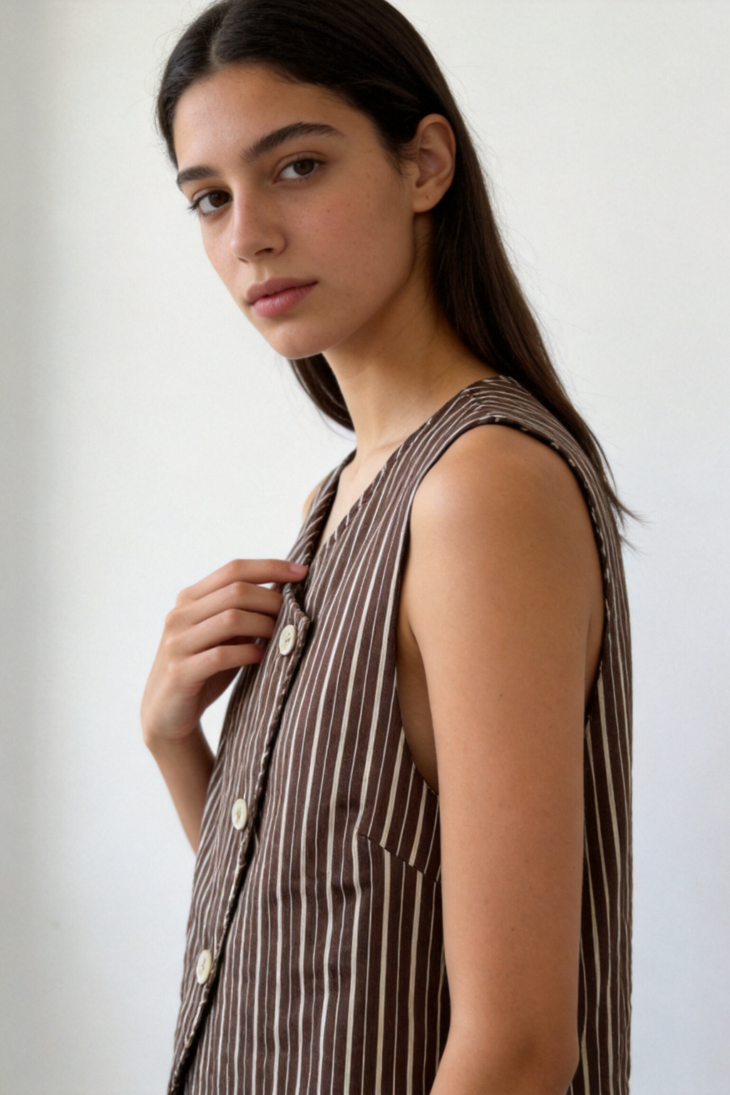 Chaleco Mujer Algodón Estampado Rayas Sin Mangas Cuello Redondo con Botones | Armonias Teen