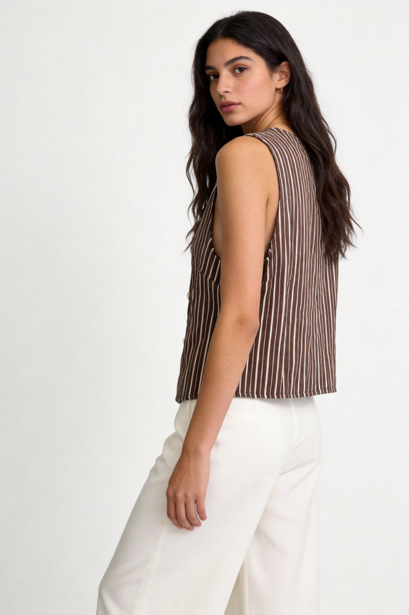 Chaleco Mujer Algodón Estampado Rayas Sin Mangas Cuello Redondo con Botones | Armonias Teen