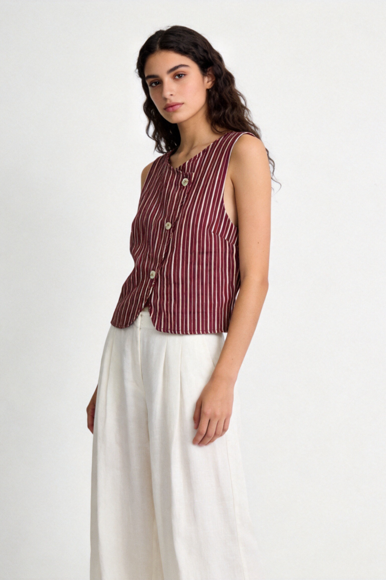 Chaleco Mujer Algodón Estampado Rayas Sin Mangas Cuello Redondo con Botones | Armonias Teen