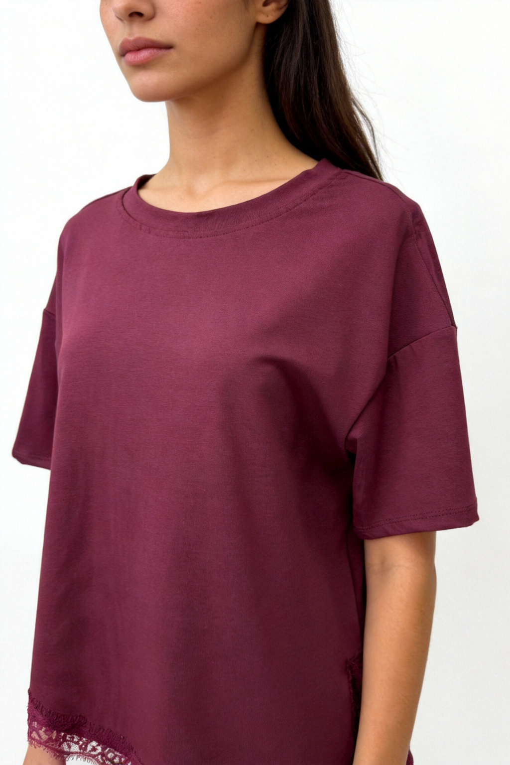 Camiseta Mujer Algodón Manga Corta Bajo Encaje Asimétrico con Apertura Lateral | Armonias