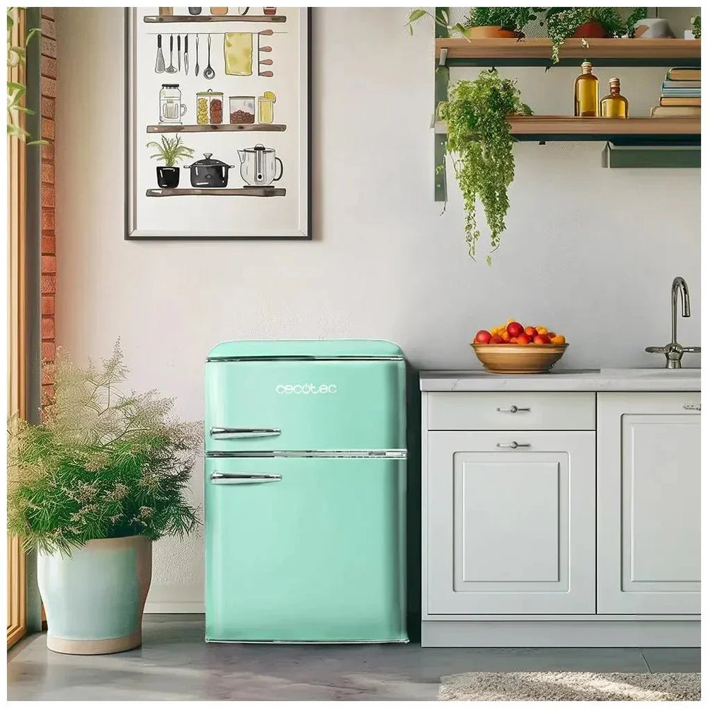 Mini Frigorífico Retro Verde 86L con Luz LED y Diseño Vintage Eficiente de Cecotec