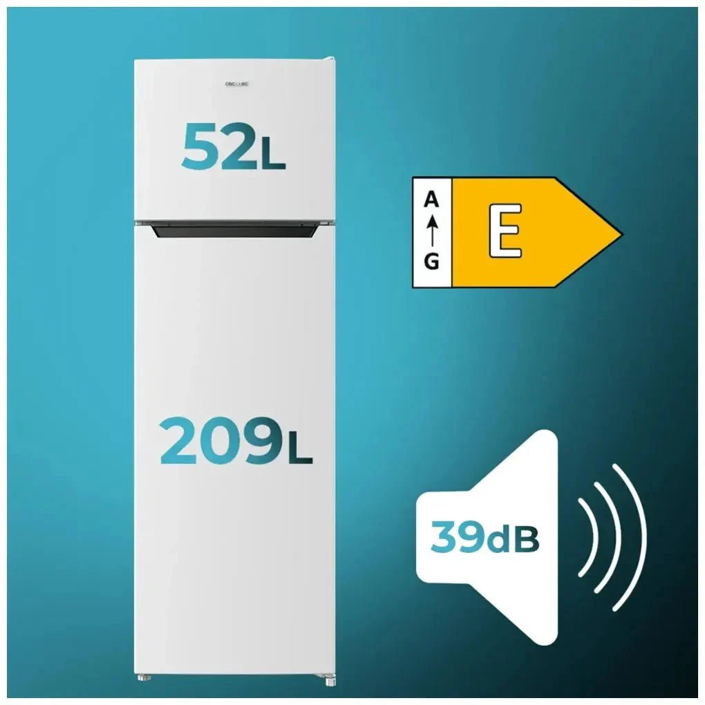 Frigorífico de Dos Puertas Blanco, 261L, Clase E, Fast Freezing y Puerta Reversible de Cecotec