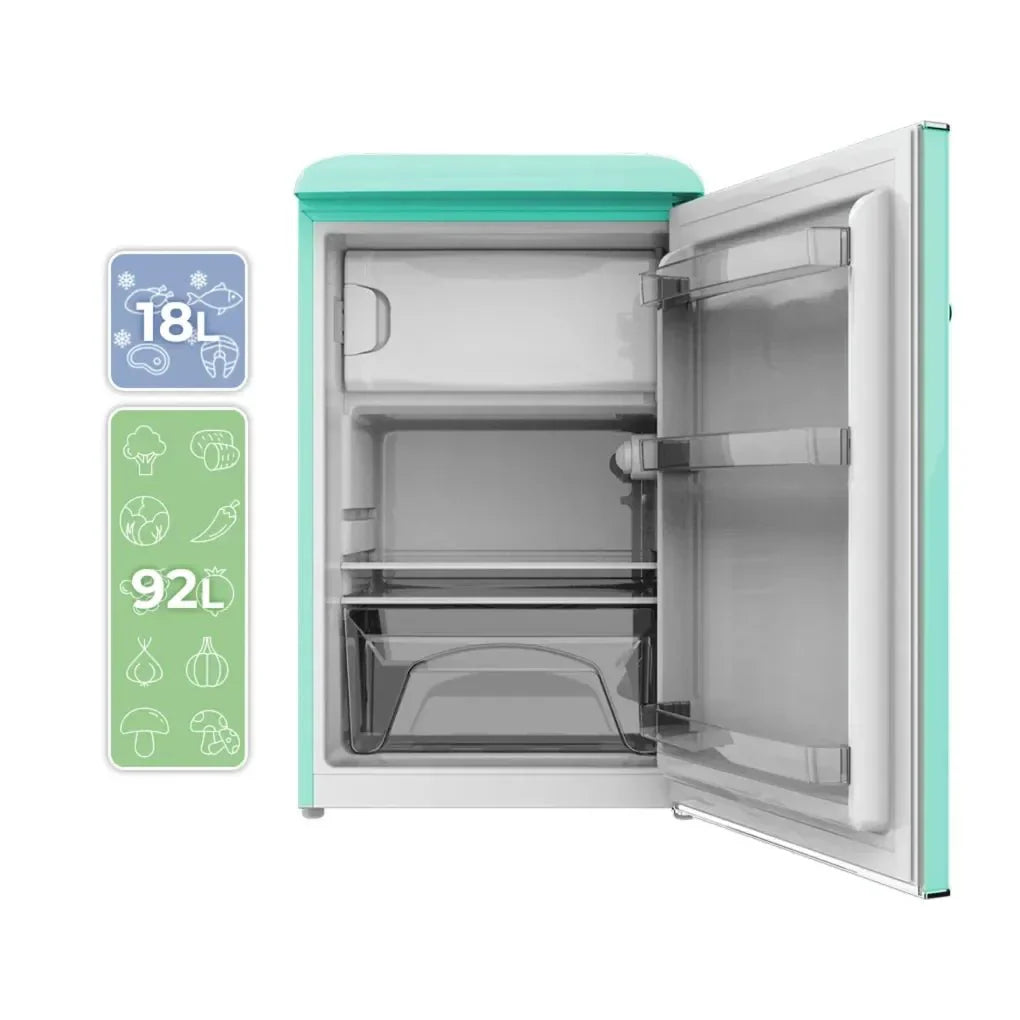 Mini Frigorífico Retro Verde 110L con Icebox y Luz Interior, Clase E Eficiente de Cecotec