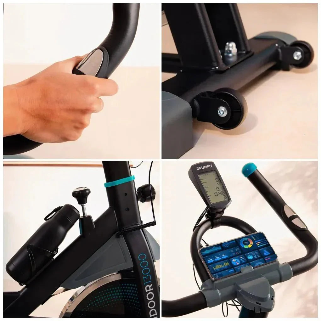 Bicicleta estatica DrumFit 13000 Race con volante de inercia de 13 kg pantalla LCD y pulsómetro Cecotec