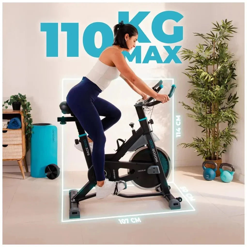 Bicicleta estatica DrumFit 13000 Race con volante de inercia de 13 kg pantalla LCD y pulsómetro Cecotec