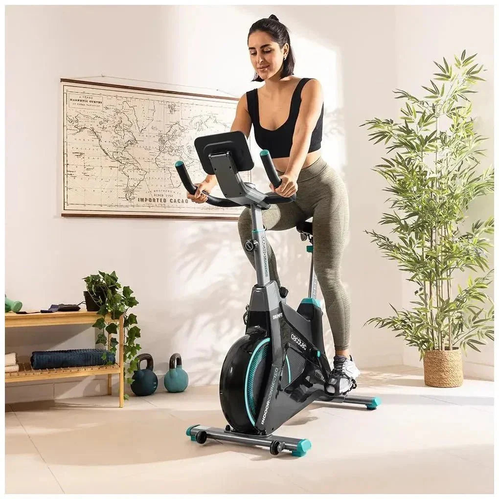 Bicicleta estatica DrumFit 10000 MagnoMotor con volante de 10 kg resistencia magnética de 32 niveles y App Kinomap Cecotec
