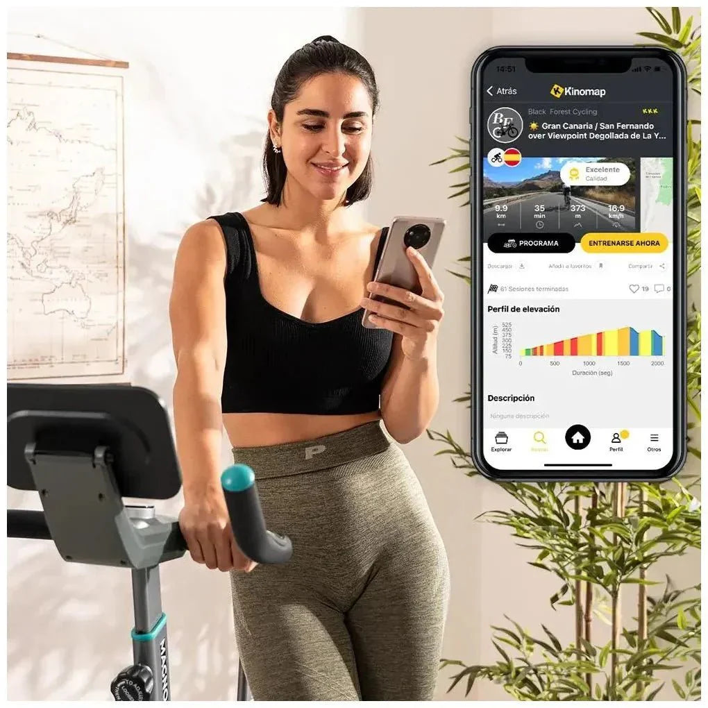 Bicicleta estatica DrumFit 10000 MagnoMotor con volante de 10 kg resistencia magnética de 32 niveles y App Kinomap Cecotec