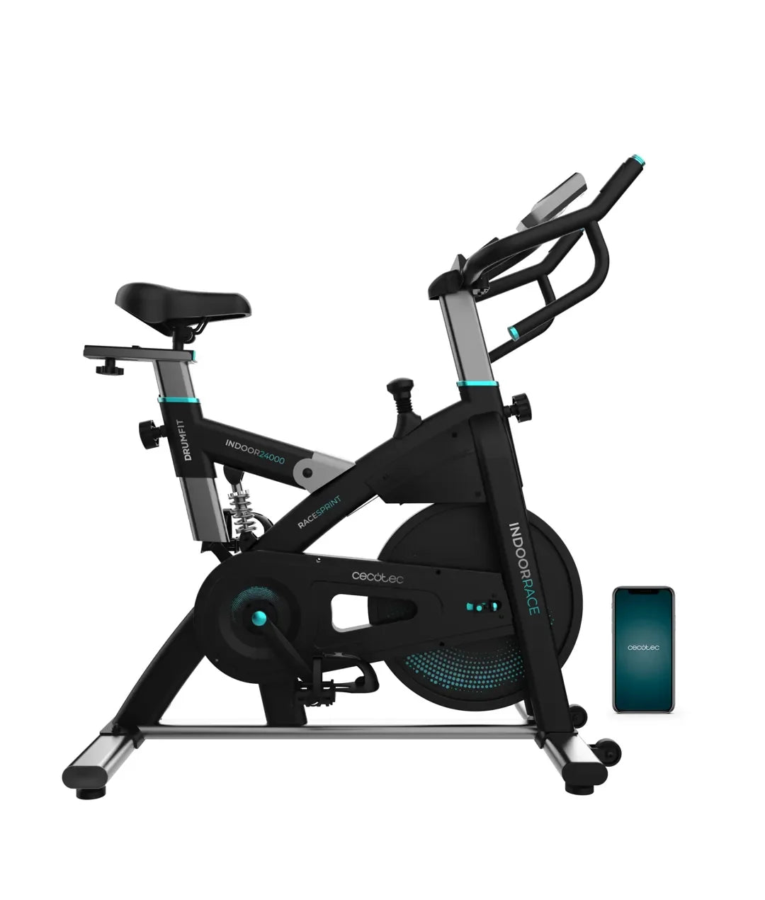 Bicicleta estatica Indoor DrumFit 24000 Race Sprint con volante de inercia de 24 kg y conectividad APP Kinomap Cecotec