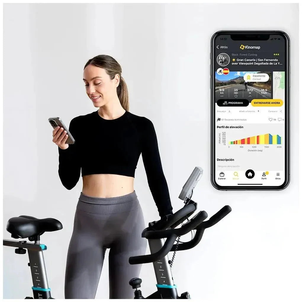 Bicicleta estatica Indoor DrumFit 24000 Race Sprint con volante de inercia de 24 kg y conectividad APP Kinomap Cecotec