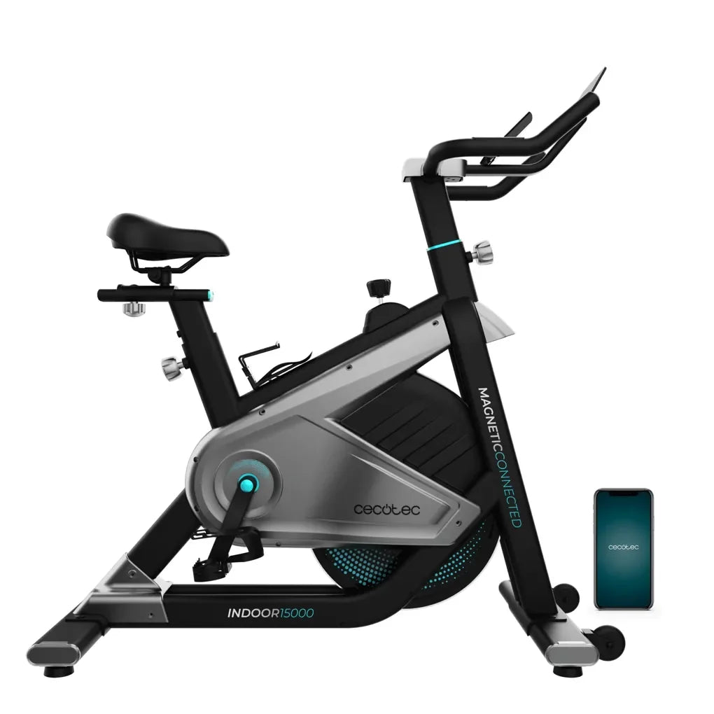 Bicicleta  estatica Indoor DrumFit 15000 con volante de inercia de 15 kg resistencia magnética y conectividad APP Kinomap Cecotec