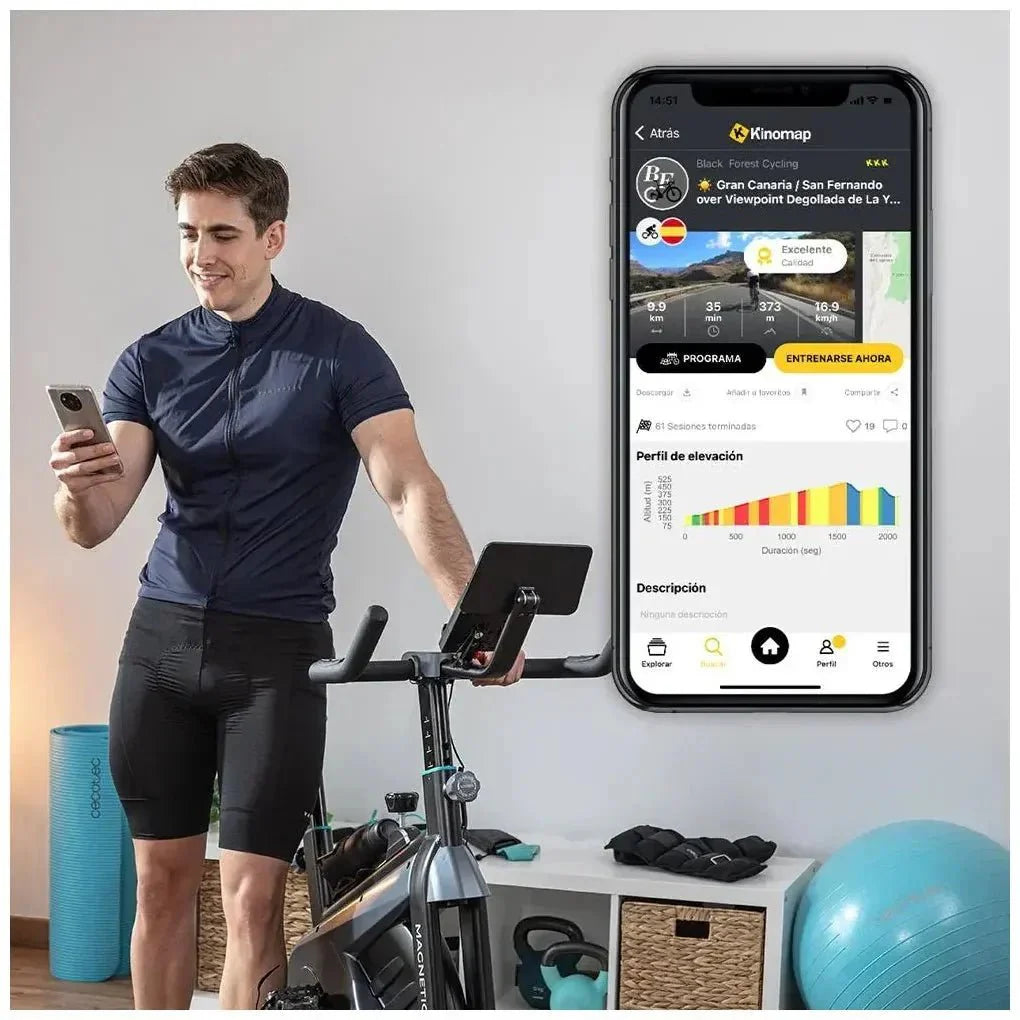 Bicicleta  estatica Indoor DrumFit 15000 con volante de inercia de 15 kg resistencia magnética y conectividad APP Kinomap Cecotec