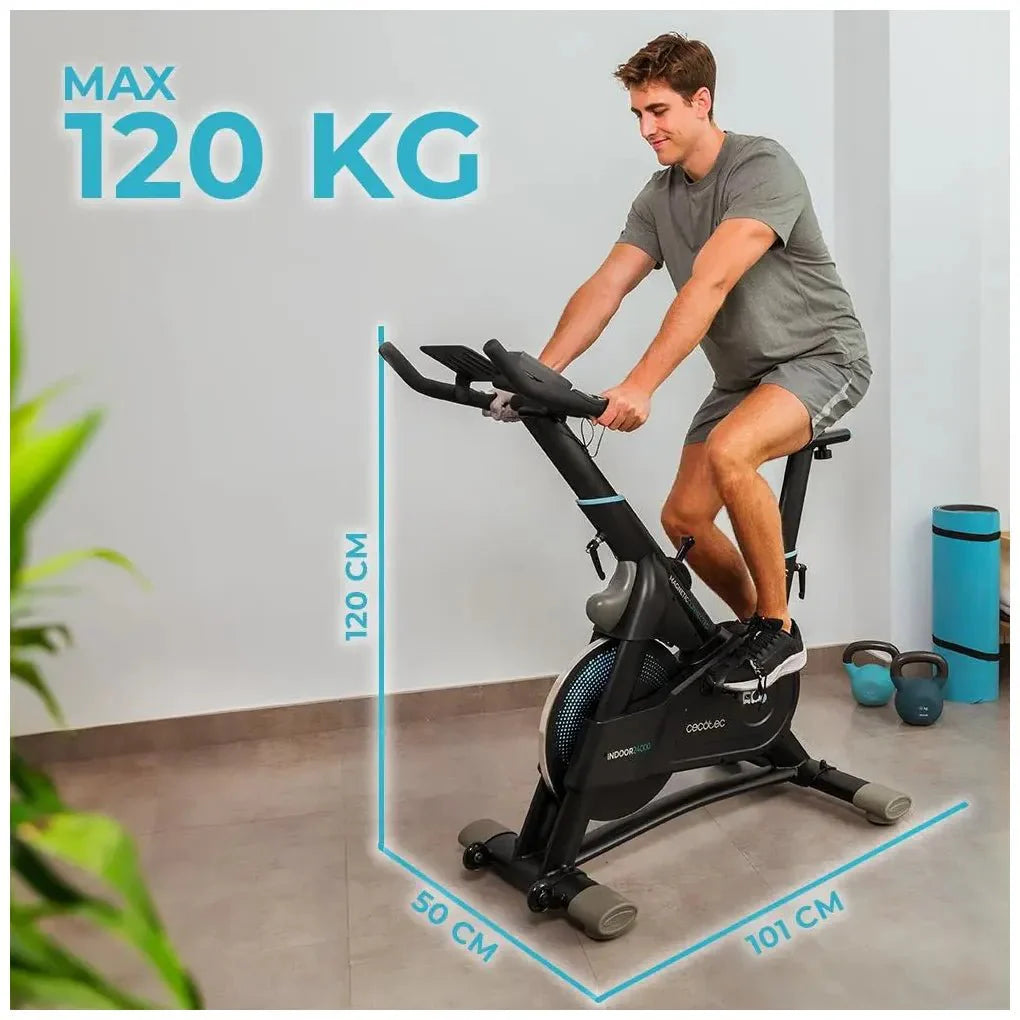 Bicicleta estatica Indoor DrumFit 24000 con volante de inercia de 24 kg resistencia magnética y conectividad APP Kinomap Cecotec