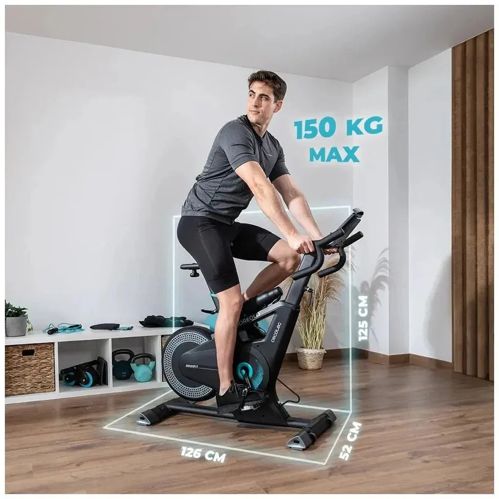 Bicicleta estatica DrumFit Eolo con resistencia combinada de aire y magnética conectividad APP y volante de 6 kg Cecotec