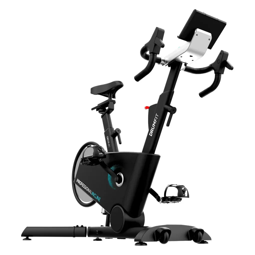 Bicicleta estatica Profesional DrumFit con volante de aluminio de 10 Kg inclinación motorizada y conexión APP Cecotec
