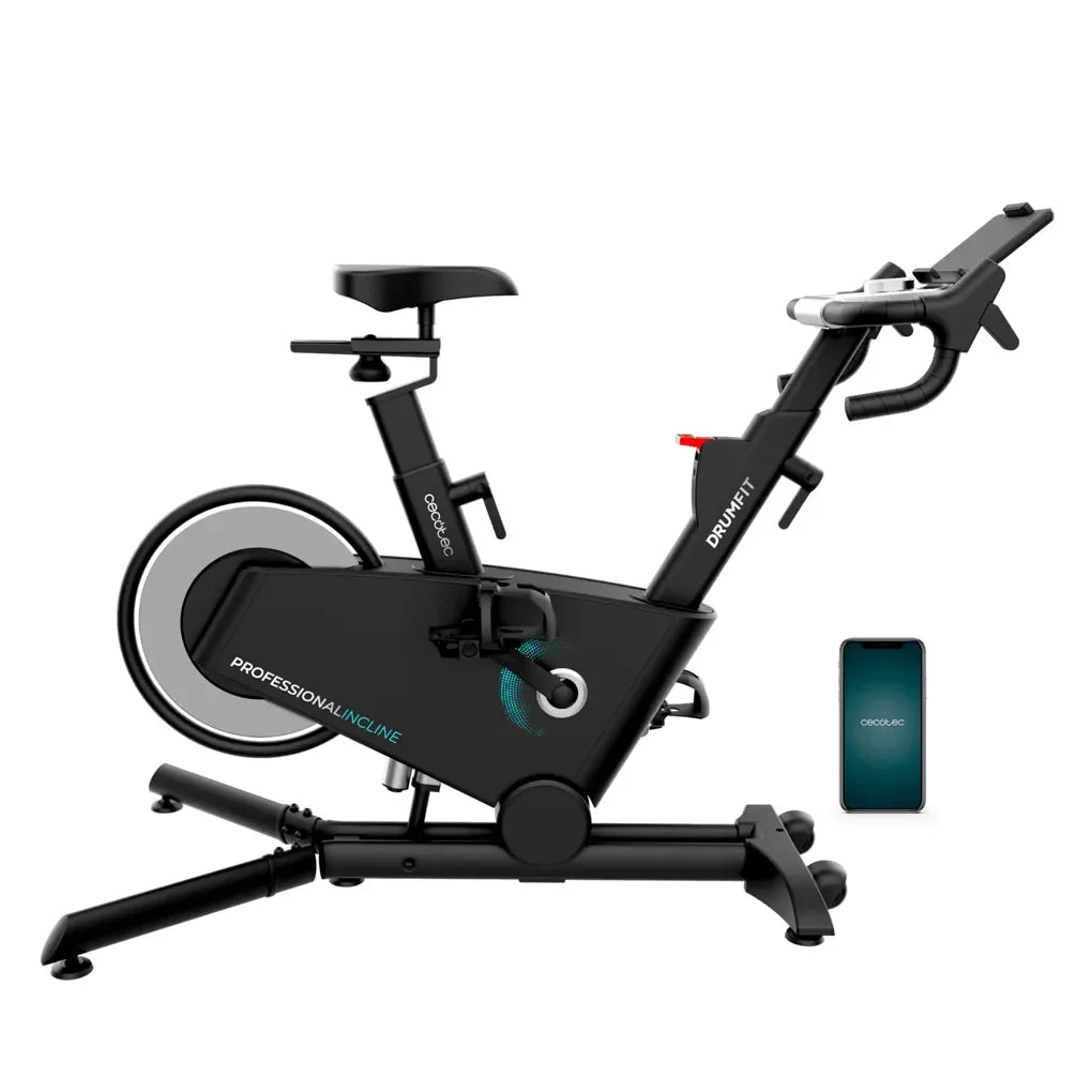 Bicicleta estatica Profesional DrumFit con volante de aluminio de 10 Kg inclinación motorizada y conexión APP Cecotec