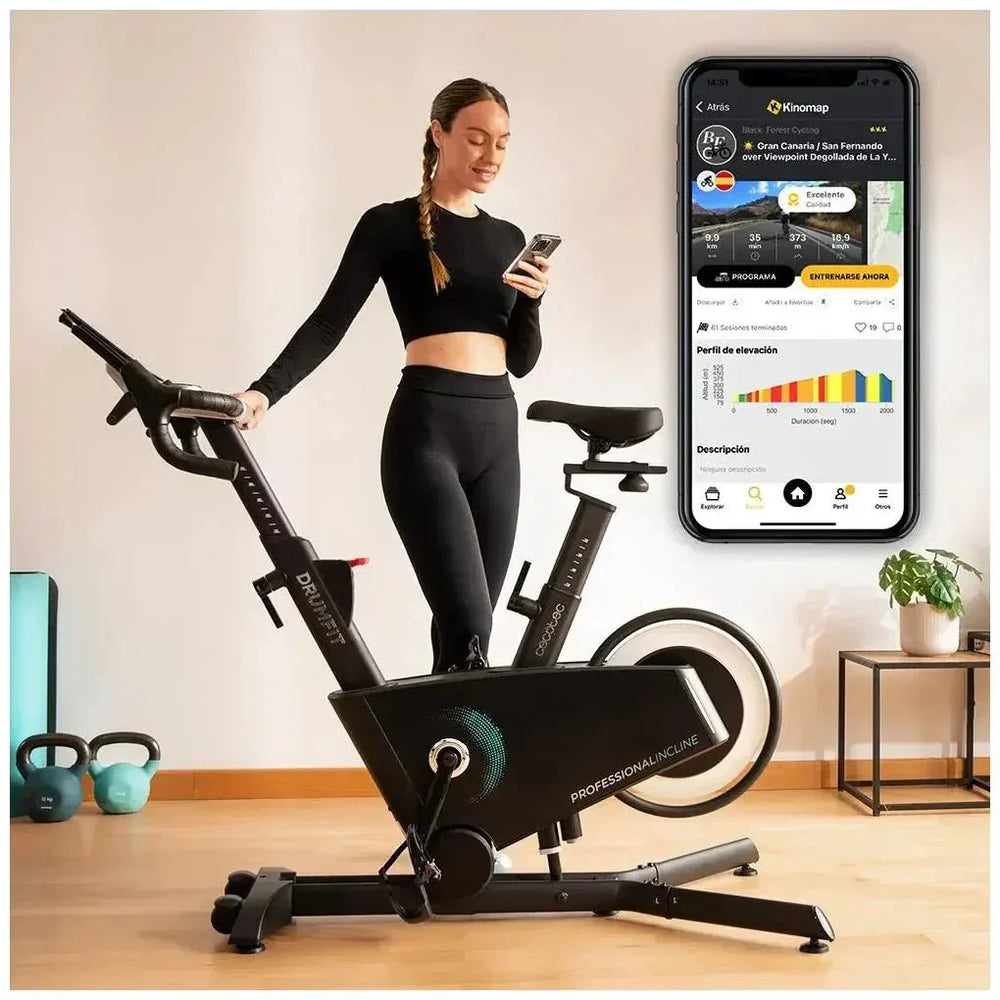 Bicicleta estatica Profesional DrumFit con volante de aluminio de 10 Kg inclinación motorizada y conexión APP Cecotec