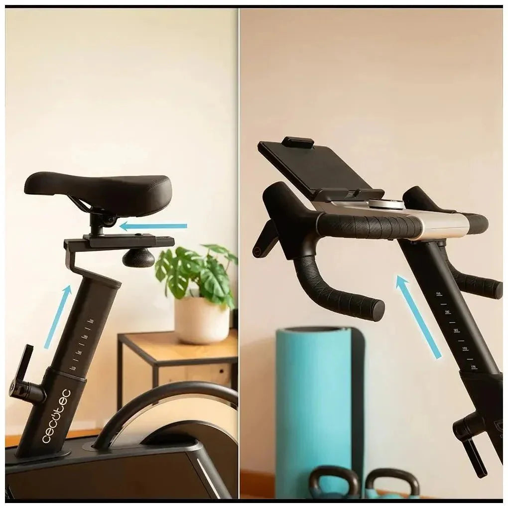 Bicicleta estatica Profesional DrumFit con volante de aluminio de 10 Kg inclinación motorizada y conexión APP Cecotec