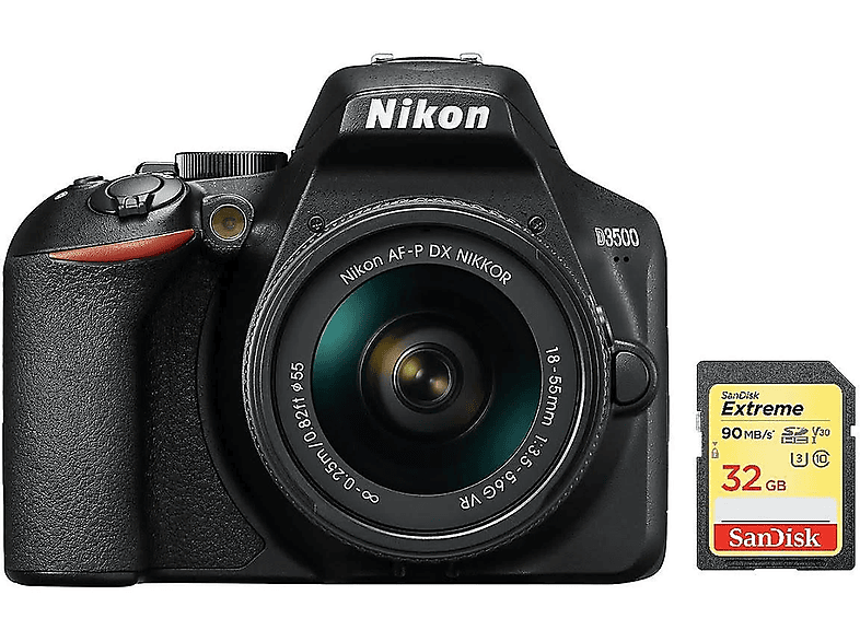 NIKON D3500 AF-P 18-55mm F3.5-5.6G VR + 32GB SD — Cámara digital, Negro, 18 megapixel, Full HD 1080p