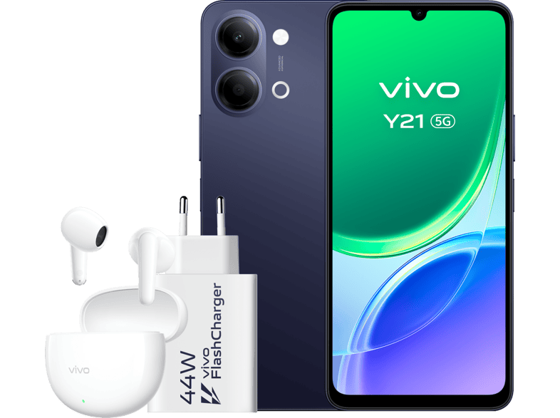 VIVO Y21 — Smartphone, Negro, 128 GB, 4 GB RAM, 6.500 mAh + Cargador vivo 44W FlashCharger + Auriculares vivo Buds Air3