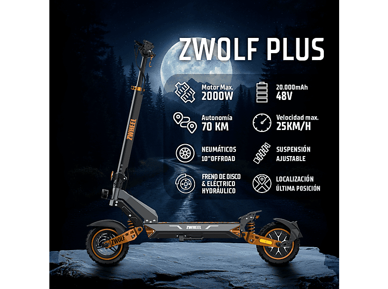 ZWHEEL ZWolf Duo — Patinete eléctrico, Pot. máx. 2000 W, Carga máx. 120 kg, 20000 mAh, 70 km autonomía - Imagen 2