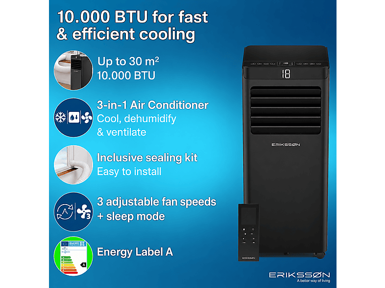 ERIKSSØN Silent Comfort Series Mobile Air conditioner Negro — Aire acondicionado portátil, 30 m², 10000 fg/h, 61 dB(A) - Imagen 2