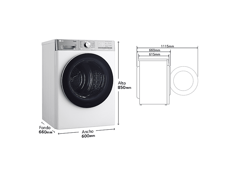 LG RH10V9AV2WR — Secadora bomba de calor, 10 kg, 14 programas, Blanco, Display LED - Imagen 3
