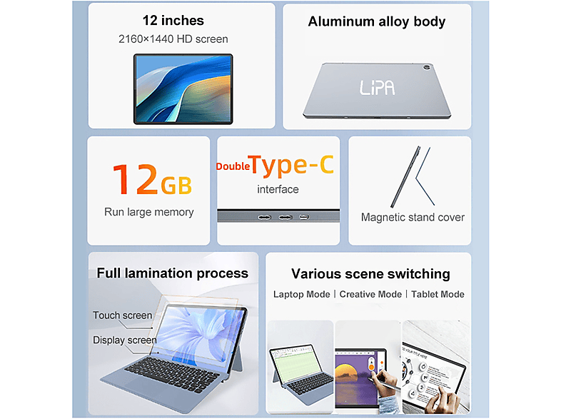 LIPA Jumper V12 Windows 11 — Tablet, 256 GB, Negro, 12 GB RAM, 12,2" UFHD - Imagen 3