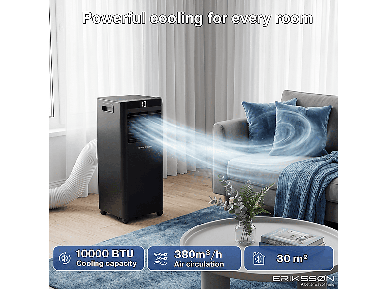 ERIKSSØN Silent Comfort Series Mobile Air conditioner Negro — Aire acondicionado portátil, 30 m², 10000 fg/h, 61 dB(A) - Imagen 3